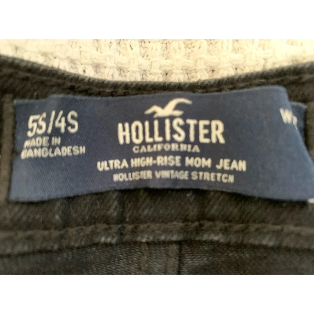Hollister Ultra High-Rise‎ Mom Jeans Sz 27S Dark Wash Raw Hem Denim Black 5s/4s